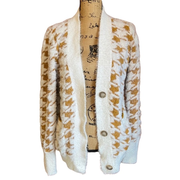Mystree Mustard & Cream Houndstooth Cardigan Size Large - Picture 4 of 7